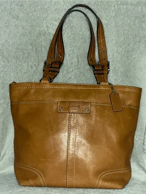 Coach Hamilton (or Hampton-style) cognac/tan leather tote bag with silver-tone thumbnail 1