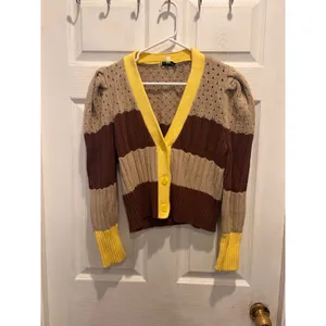 Anthro Calligraphie Womens Striped Puff Sleeve Cardigan Brown Yellow Pointelle L thumbnail 2