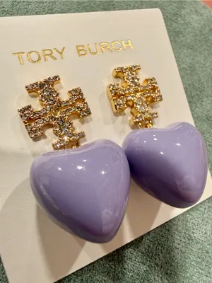Tory Burch | Gold Plated & Crystal Logo with Lilac Heart Drop Earrings thumbnail 2