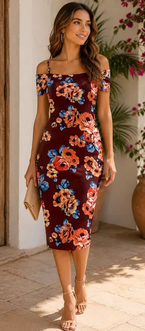 ADC Floral Off Shoulder Bodycon Midi Dress Small Maroon Pink Blue thumbnail 1
