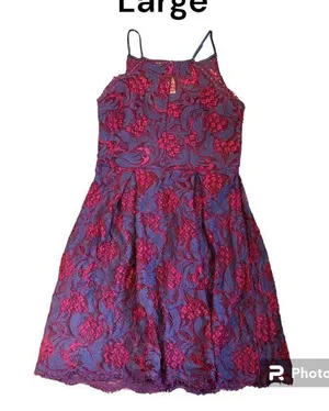 Francesca’s Blue Red Floral Lace Women’s Sleeveless Dress Size Large thumbnail 1