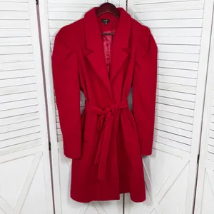 OnTwelfth Coat Women Size XL Red Puff Shoulder Sleeve Belted‎ Trench Long Cherry thumbnail 8