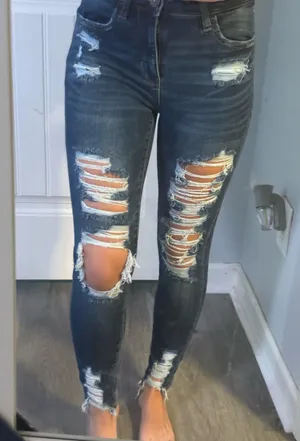 Dark Blue Ripped High-Waisted American Eagle skinny jeans thumbnail 1