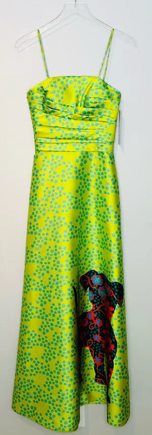 Theia Lime Green Spotted Puppy Dog Satin Formal Strapless Gown Dress thumbnail 1