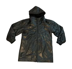 Sonoma women Black Genuine Leather Hooded Jacket Parka Coat Small fur lined hood thumbnail 1