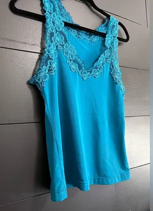 FREDERICK’S OF HOLLYWOOD Blue Silky Lace Trim Cami Tank Top Vintage Sz L EUC thumbnail 2