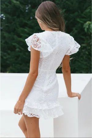 Selfie Leslie Lark Crew Neck Ruffle Sleeve Dress Lace Overlay White thumbnail 2
