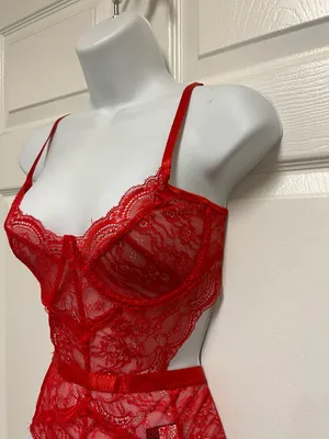 SheIn Red Lace Love Gothic Bodysuit thumbnail 4