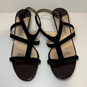 Jimmy Choo Wedge Sandals Black Suede and Chocolate Brown Patent Leather EU 39 thumbnail 2