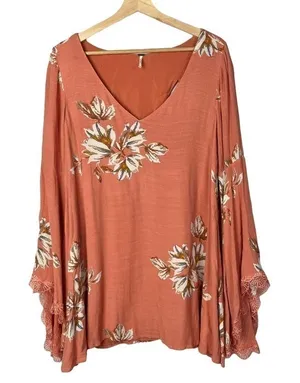Free People Pink Orange Floral Long‎ Sleeve Boho Shift Dress S thumbnail 1