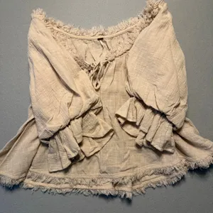 Free People Boho Frayed Gauze Peasant Blouse Top Beige Women Size Medium thumbnail 10