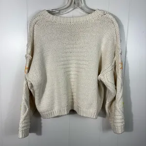 Free People Ivory Cable Knit Fisherman Floral Embroidered Cropped Sweater XL thumbnail 6