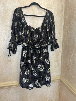 Hutch Black Velvet Floral Ruched Square Neck Mini Dress Size M Whimsigoth thumbnail 4