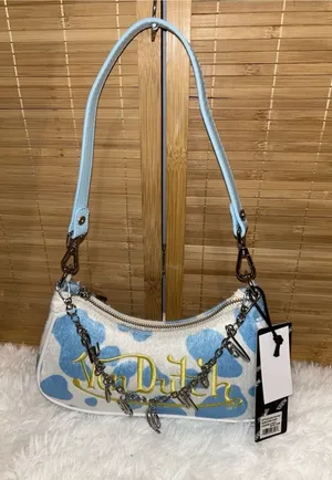 Von Dutch blue white cow print shoulder bag with chain charms purse tote handbag thumbnail 1
