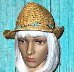 Cute straw fedora with turquoise beaded band! Tan thumbnail 2