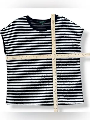 Lauren Ralph Lauren Sequin Striped Cap Sleeve Top Blue White Large Nautical thumbnail 11