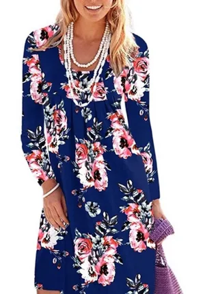 Dearcase Dress Blue Pink Floral Jersey Long Sleeve V-Neck Swing Dress Large NEW thumbnail 1