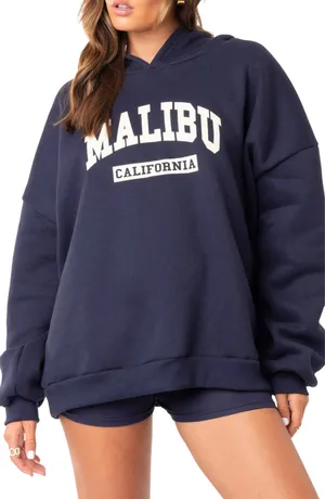 Edikted Navy Hoodie with White Malibu California Print thumbnail 1