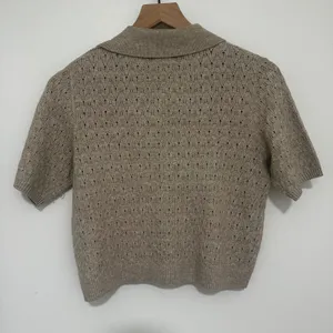 Universal Threads | Oatmeal Pointelle Knit Polo Short Sleeve Sweater Top, XS thumbnail 2