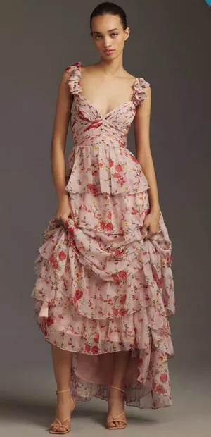 Mac Duggal 55816 Womens Pink Ruffled Sleeveless Draped Tiered Floral Print Gown thumbnail 1