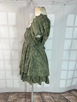 Altar’d State Olive Green Smocked Jacquard Puff Sleeve Layered Mini Dress Small thumbnail 6