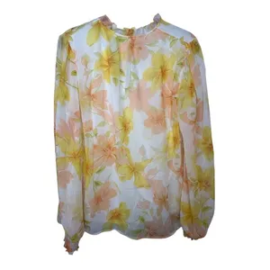 Joie Floral Sheer Blouse Womens Size L Peach Yellow Long Sleeve Tie Neck thumbnail 5