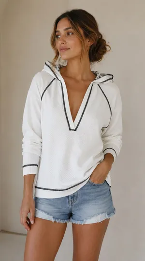 LOFT Plunging V-Neck Waffle Thermal Pullover Hoodie Black Contrast Trim Size S thumbnail 1