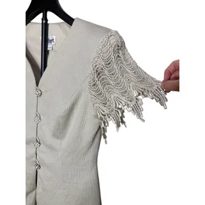 Cachet Womens 8 Champagne Metallic Skirt Suit Set Lace Fringe Rhinestone Formal thumbnail 3