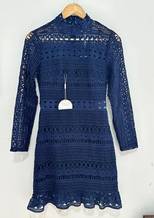 Two Sisters The Label Navy Blue Lace Mini Dress Long Sleeve Mock Neck US 4 NWT thumbnail 1