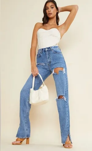 PrettyLittleThing Ripped High Waist Split Hem Jeans, Blue, Size 2 Tall, EUC thumbnail 1