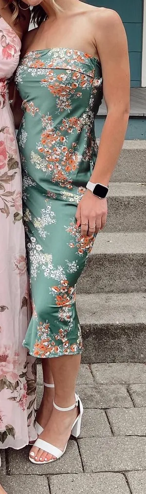 Billy J Floral Green Satin Strapless Midi Dress Wedding thumbnail 1