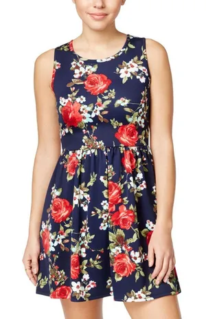 NWT Crystal Doll Juniors Floral Skater Fit & Flare Dress 2682475 Navy Blue S thumbnail 1