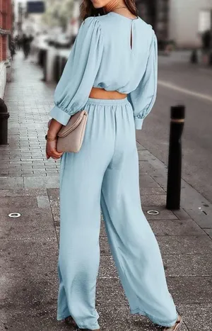 PRETTY GARDEN 2-pc Satin Puff Sleeve Crop Top & Pallazo Pant Set Size M thumbnail 2