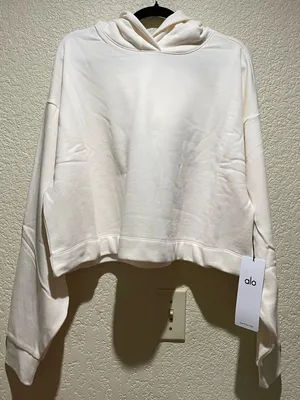 Alo NWT Bae Hoodie Ivory Cream Cropped Pullover Sweatshirt Size L thumbnail 5