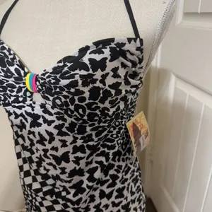 NWT Hobie Tankini Halter Swim Top &‎ bottoms L/XL black white animal print NEW thumbnail 3