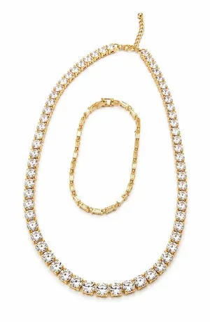 Gold Tennis Necklace & Bracelet Set 2pc Clear Stones 17in 7in Secure Clasp thumbnail 1