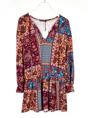 NWT Zara patchwork boho western floral long sleeve mini dress NEW size M medium thumbnail 2