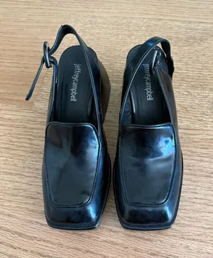 Jeffrey Campbell Black Leather Square-Toe Slingback heeled Loafers thumbnail 1