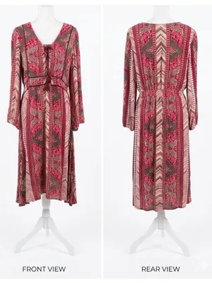 Reba Red & Brown Boho Tie-Front Long-Sleeve Midi Dress thumbnail 2