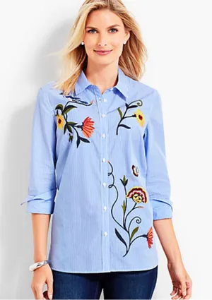 Talbots Embroidered Stripe Button-Down Shirt - Light Blue thumbnail 1
