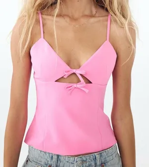 Zara bows top cutout stretch fuchsia barbiecore sleeves vneck bubblegum tank thumbnail 1