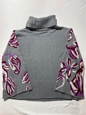 cabi Medium Gray Turtleneck Sweater with Funky Purple Leafy thumbnail 4