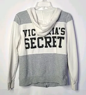 Victoria's Secret zip up hooded hoodie gray white sweatshirt Medium thumbnail 1