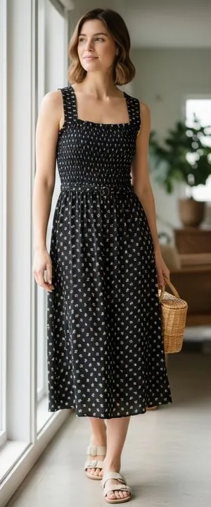 Boden Black Floral Smocked Midi Dress Square Neck Cross Back‎ Feminine 14R thumbnail 1