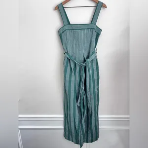 Anthropologie Pleated Green Stripe Linen Jumpsuit Payal Pratap Wide Leg 4 thumbnail 5