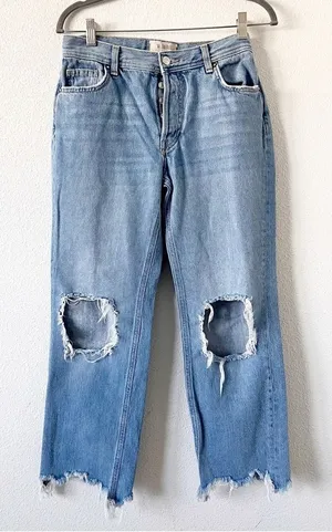 Free People Maggie Straight Leg Jeans Distressed Mid Rise Raw Hem thumbnail 1
