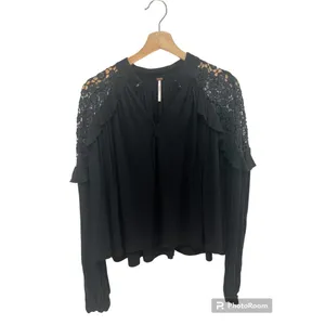 Free People Little Bit of Love Black Crochet Lace Ruffle Blouse Small thumbnail 3