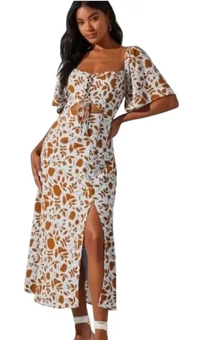ASTR the Label‎ Blue Brown Floral Lace Up Cutout Midi Dress ALD44563 Small thumbnail 1