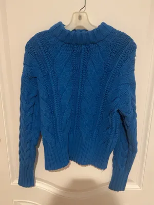 H&M Blue Cable Knit Chunky Sweater XS Oversized Mock Neck Cozy Pullover thumbnail 1