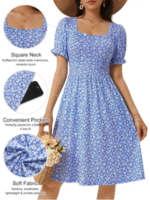 NEW Square Neck Dress Floral Puff Sleeve A Line Midi Dress Pockets S thumbnail 5